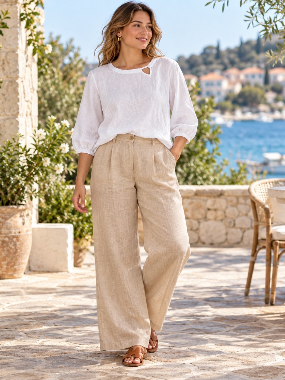FOIL Re-Flex-Ion White 100% Linen Keyhole Blouse US 12